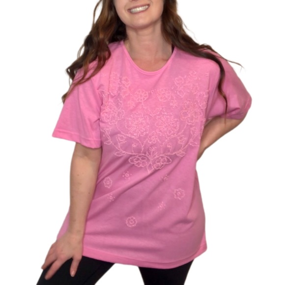 BARBIECORE VINTAGE Made in USA Pink Oversized Medium Large Tee Bead Embroidered - Picture 4 of 9